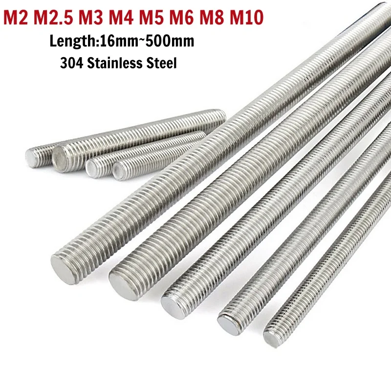 304 Stainless Steel Fully Threaded Stud Rod M2 M2.5 M3 M4M5M6M8M10 Metric Headless Bolt for Furniture,Construction,Machinery,DIY