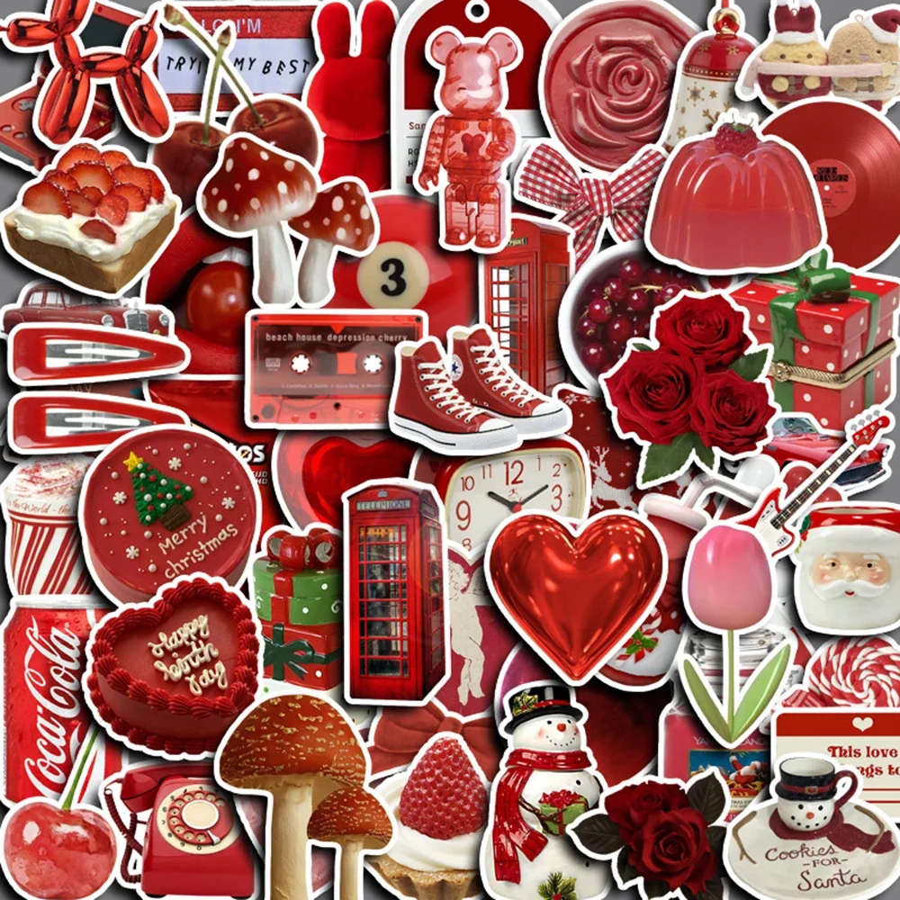 60 قطعة من ملصقات الرسوم المتحركة الحمراء الرجعية Ins Style Decoration DIY Notebook Laptop Phone زجاجة مياه PVC ملصق جرافيتي مقاوم للماء