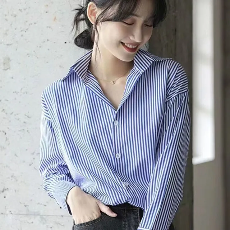 

Classic Striped Blue Woman Spring Autumn Blouses Shirt Lady Long Sleeve Button Up Shirts Lapel Loose Blusas Summer Korean Shirt