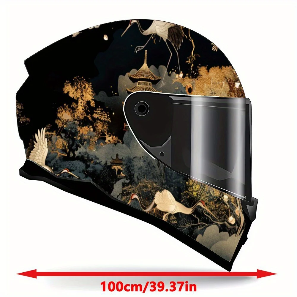 Oriental Aesthetics Flower and Crane PVC Motorcycle Helmet Vinyl Wrap, Self-Adhesive Waterproof Sticker, Anti-Scratch Decorative
