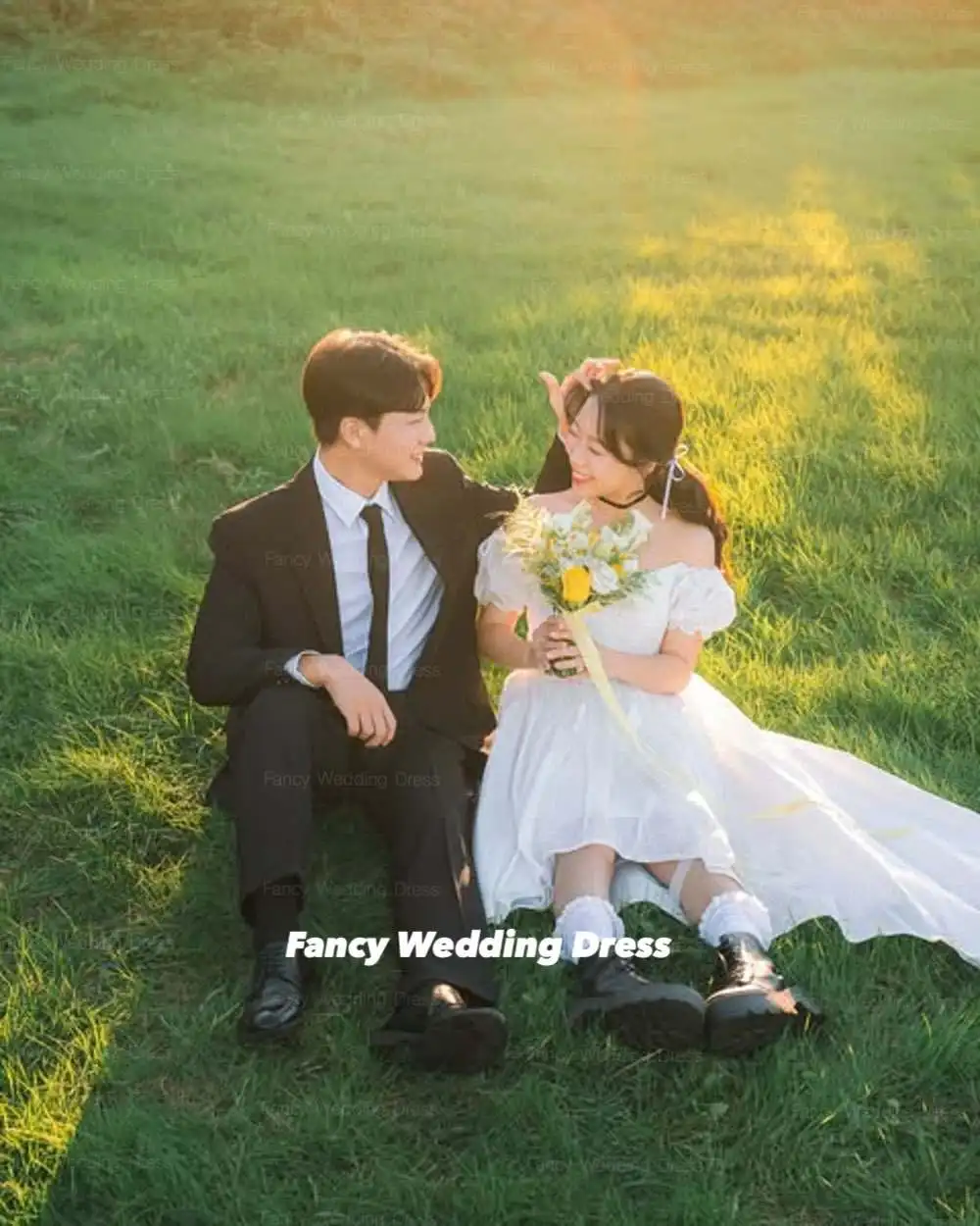 Fantasia simples fora do ombro vestido de casamento coreia sessão de fotos uma linha tafetá vestido de baile volta espartilho personalizado