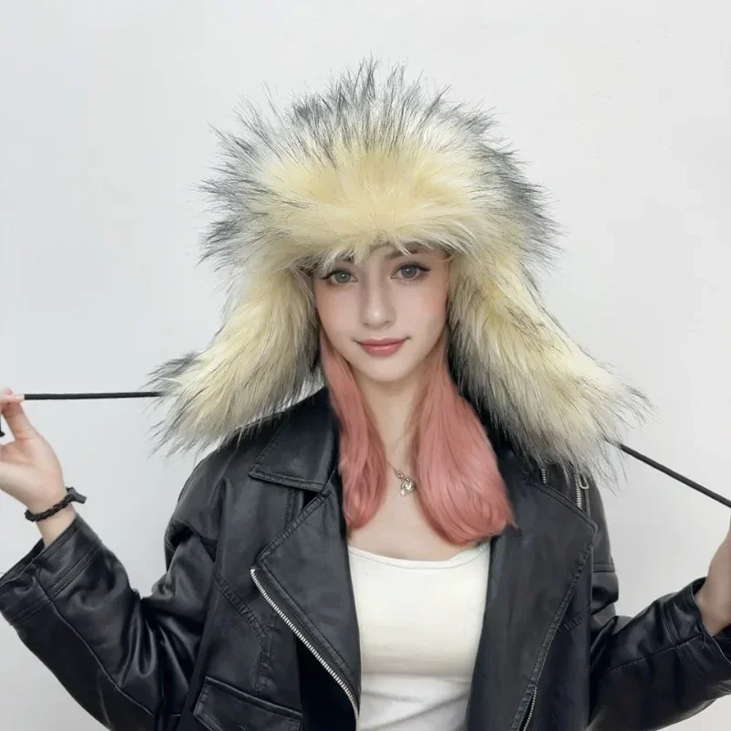 Fashion Fluffy Popular Russian Female Round Cap Faux Fur Hats Winter Hats For Women Faux Raccoon Fur Beanies Faxu Fox Bomber Hat