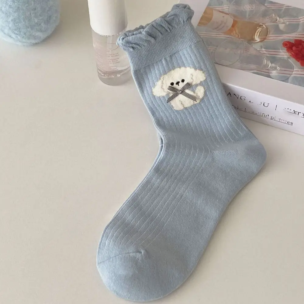 4Pairs Casual Cartoon Dog Bowknot Ruffle Socks Kawaii Anti-slip Sweet Tube Socks Hosiery Ballet Style Mid-calf Socks Women Girl