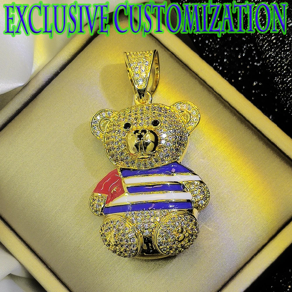 Hip hop trendy new style fashion necklace, exquisite graffiti teddy bear diamond pendant, 18K gold plating, high-end boutique