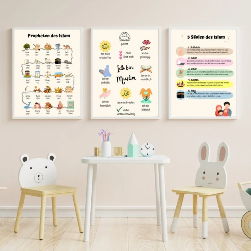 Islamic Childrens Room Wall Decor Poster Set Prophet and Proverbs Religious Series Cute Wall Art for Kids