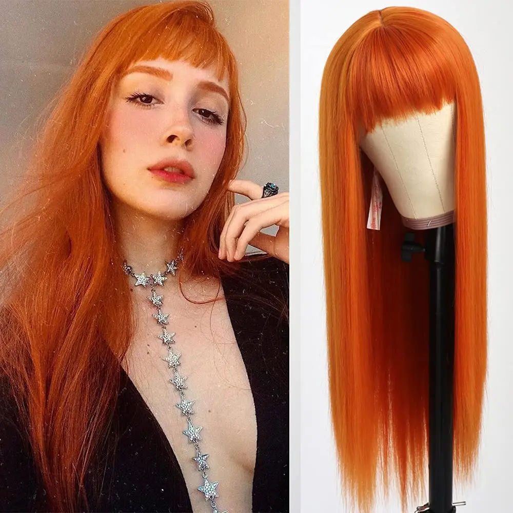 Wig pengganti rambut sintetis, warna oranye dengan poni wig tahan panas untuk mode kostum Cosplay wanita