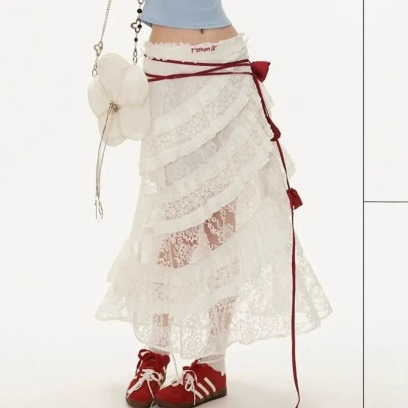 

Elegant Lace Spliced Tulle Layered Long Skirts Boho Chic Loose Irregular Aesthetic See Through Skirt White Lady Holiday Outfits