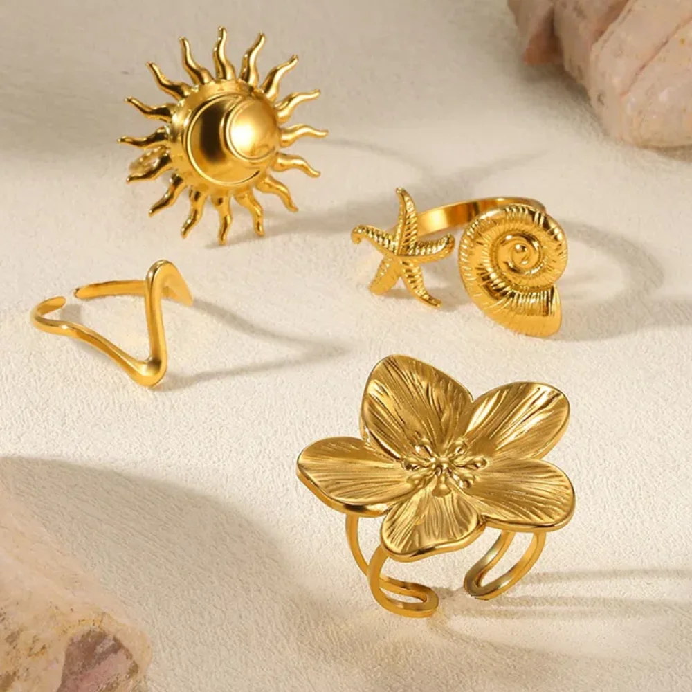 Eleganckie pierścionki ze stali nierdzewnej Big Bloom Flower Rings dla kobiet Gold Color Sun Starfish Open Ring Finger Jewelry Wedding Her Gift Punk