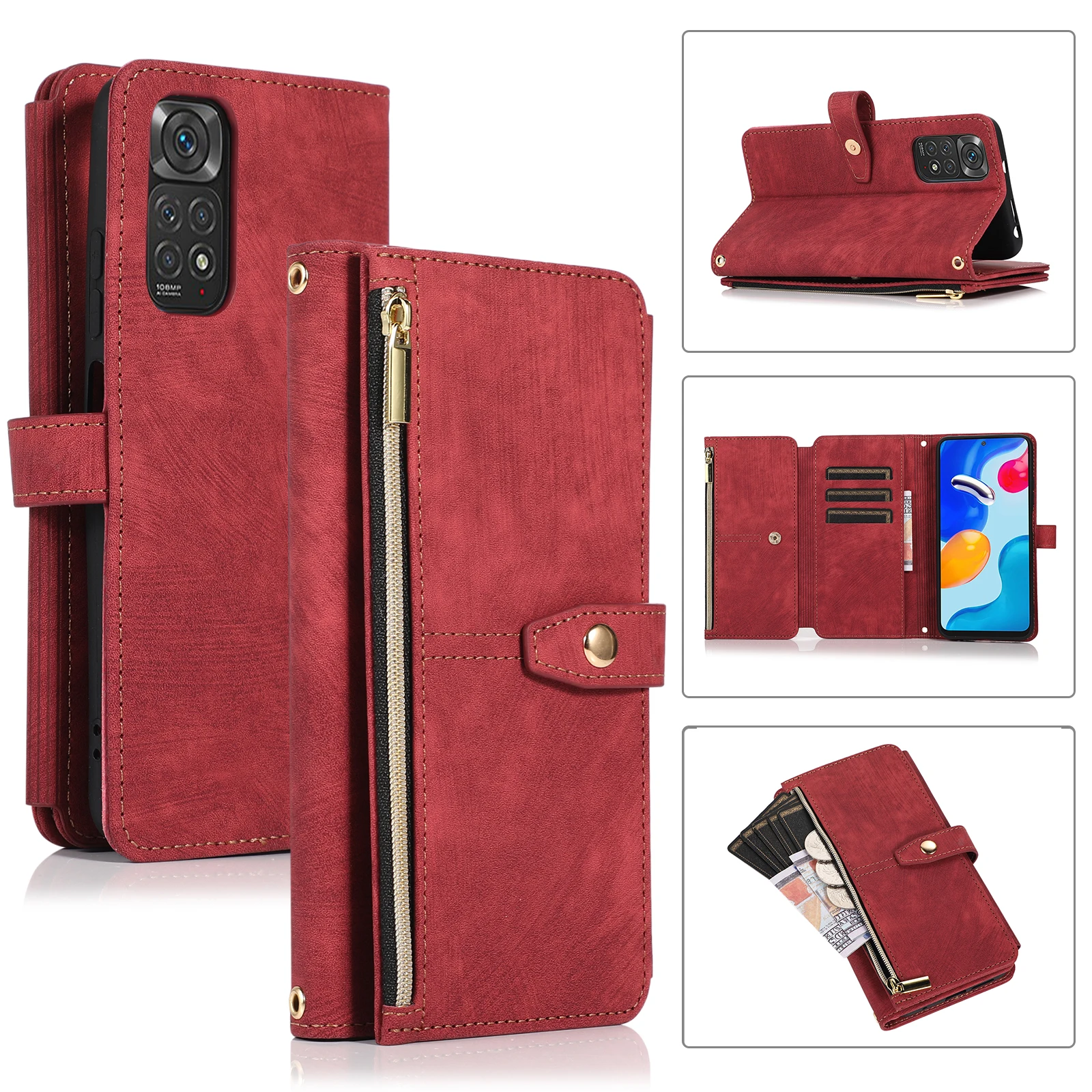 Lanyard Zipper Wallet Leather Case For Xiaomi Redmi Note 11 11s10s Pro 9 9C 12T 11T 10T Pro  POCO X3 NFC Cover 9 Cards Holder image 2