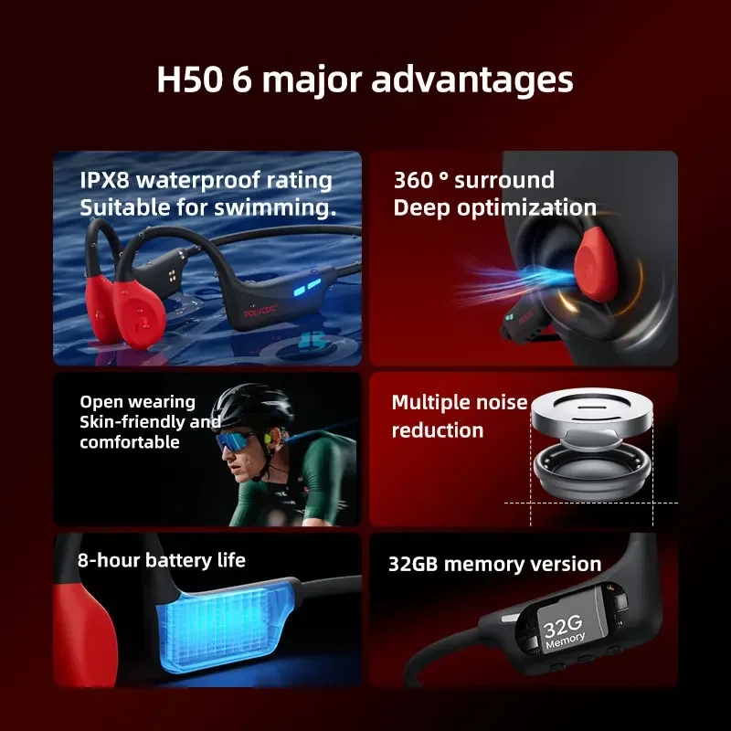 POLVCDG H50 ليلة ضوء سماعات العظام التوصيل سماعات IPX8 سماعات مقاومة للماء 32 جيجابايت الذاكرة سماعات بلوتوث السباحة