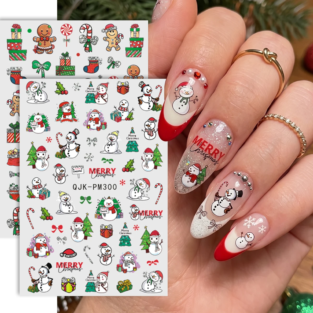 2pcs Fun Christmas Cartoon Nail Stickers 3D Gingerbread Snowman Christmas Tree Nail Decals Silvery Glitter DIY Festive Manicure