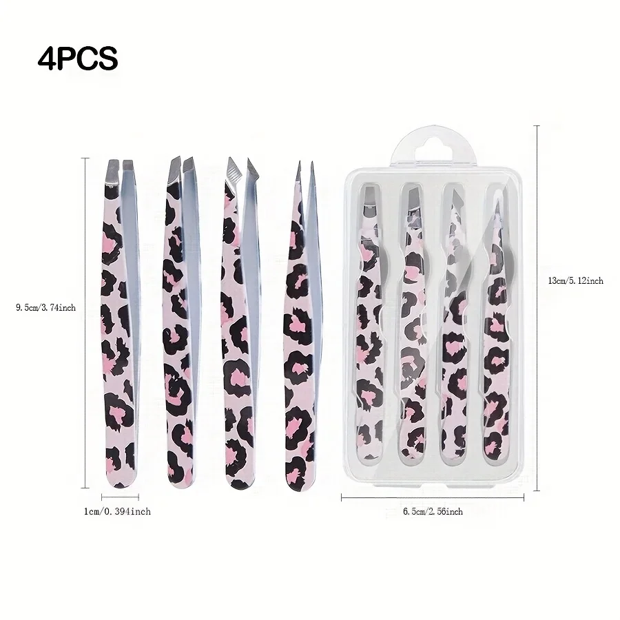 Stainless Steel Wild Leopard Print Eyebrow Tweezers Set 4pcs Makeup Sticker False Eyelashes Tool Christmas Gift