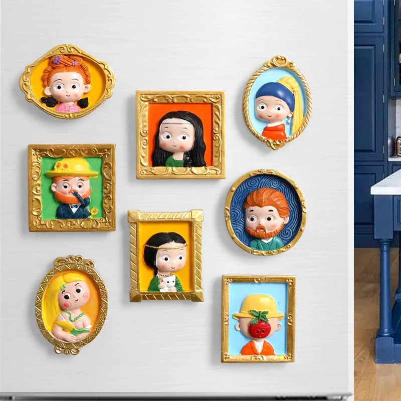 New Design World Famous Painting Refrigerator Magnetic Stickers Resin Fridge Sticker 3D Golden Frame Model Tips Toy Gift