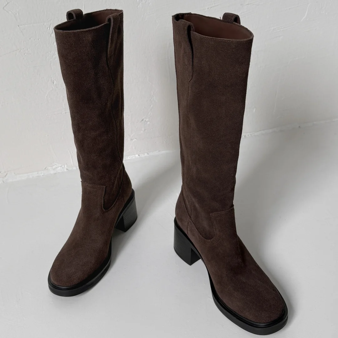 المرأة جلد الغزال الطبيعي جولة تو الانزلاق على الخريف الركبة عالية فارس الأحذية 4.5 سنتيمتر سميكة ميد كعب أحذية طويلة الإناث عادية بيع #4