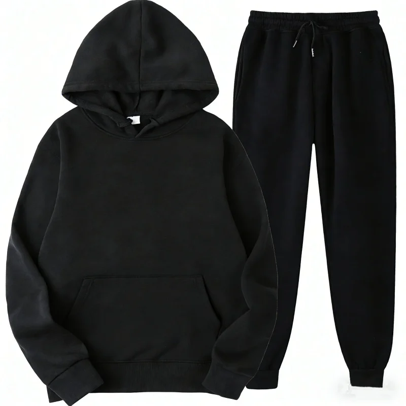 Men Women Tracksuit Hoodies Casual Solid Color Thick Pullover and Long Pant 2-piece Set Men Autumn Fleece Jogger Sports Suit Ne