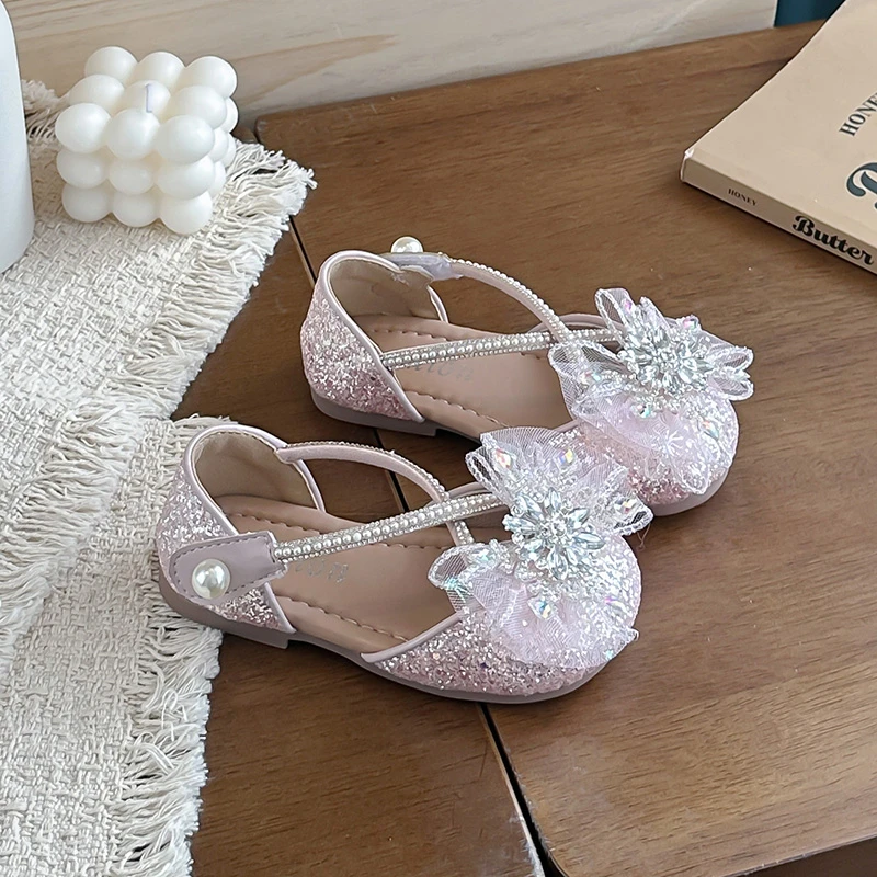 

Little Girls Pink Glitter Formal Shoes, Sheer Organza Bow Crystal Cluster Pearl Buckle Flat Sandals Ideal Wedding Kids Footwear