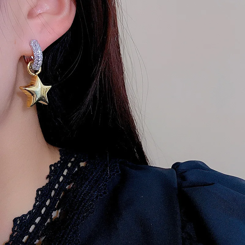 Full Shiny CZ Stone Tiny Hoop Drop Earrings Fashion Star Heart Shape Trendy Gold-color Drop Metal Earrings Evening Jewelry