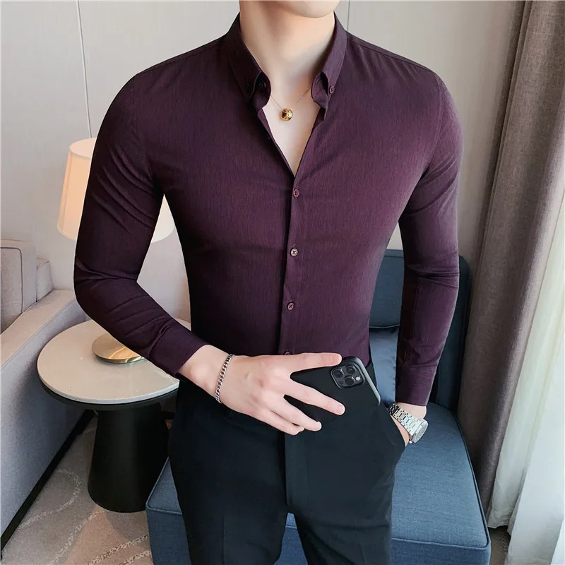 Plus Size 4XL-M High Quality Mens Elastic Striped Shirt Gentlemen Simple  Slim Fit Long Sleeve Casual Business Office Blouse