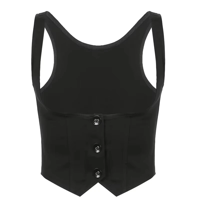Women Gothic Vintage Dressy Waistcoat Solid Color Black Racerback Mini Vest Tuxedo Suit Steampunk 3 Button Slim Jacket