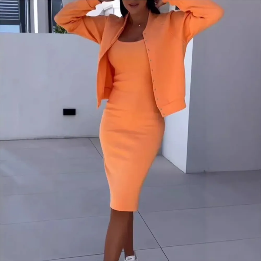 Jesień Zima Nowa Spódnica Halter Kardigan Płaszcz Top Dwuczęściowy Damski Modny Torebka Pośladek Elegancki Kobiecy Zestaw Sukienki Biurowe 2025