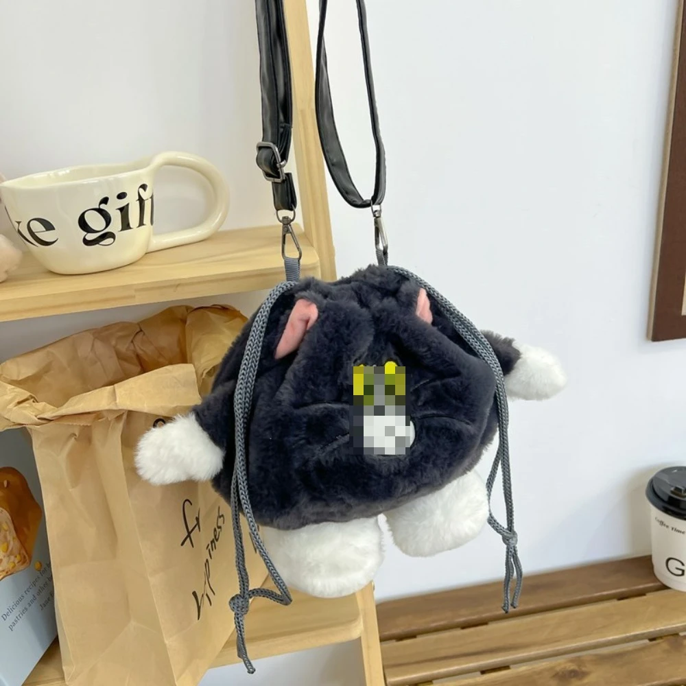 28 cm schattige kat pluche tas met trekkoord zachte kawaii harige schoudertas crossbody tas cartoon pluche portemonnee kleine draagtas cadeau voor vrouwen meisjes