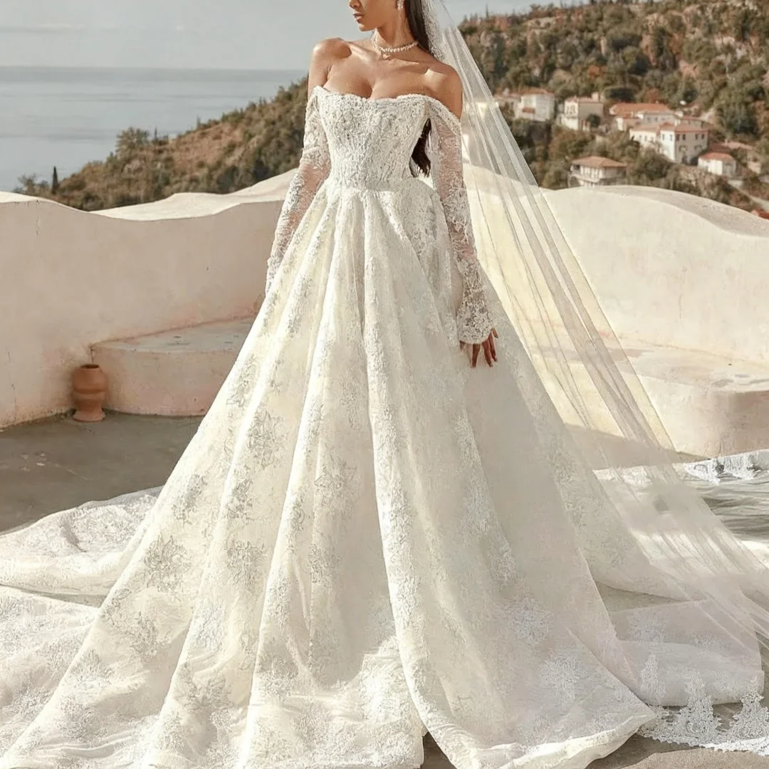 

Customized Exquisite Lace Wedding Dress Long Sleeve Estilo Princesa Elegantes Formal Bride Porm Party Gowns