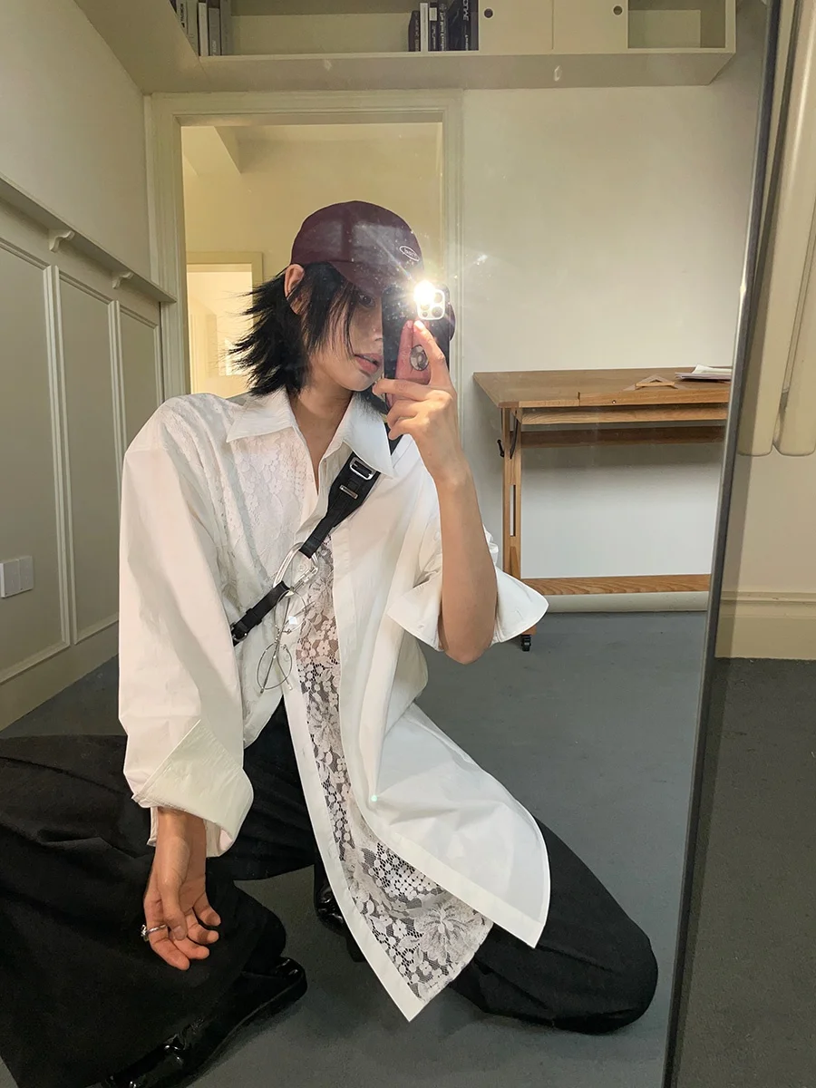 

White Heavy Embellied Lace Splice Loose Fit Slimming Versatile Long Sve Cotton Polyester Blend irt by JCCC Spring 2025