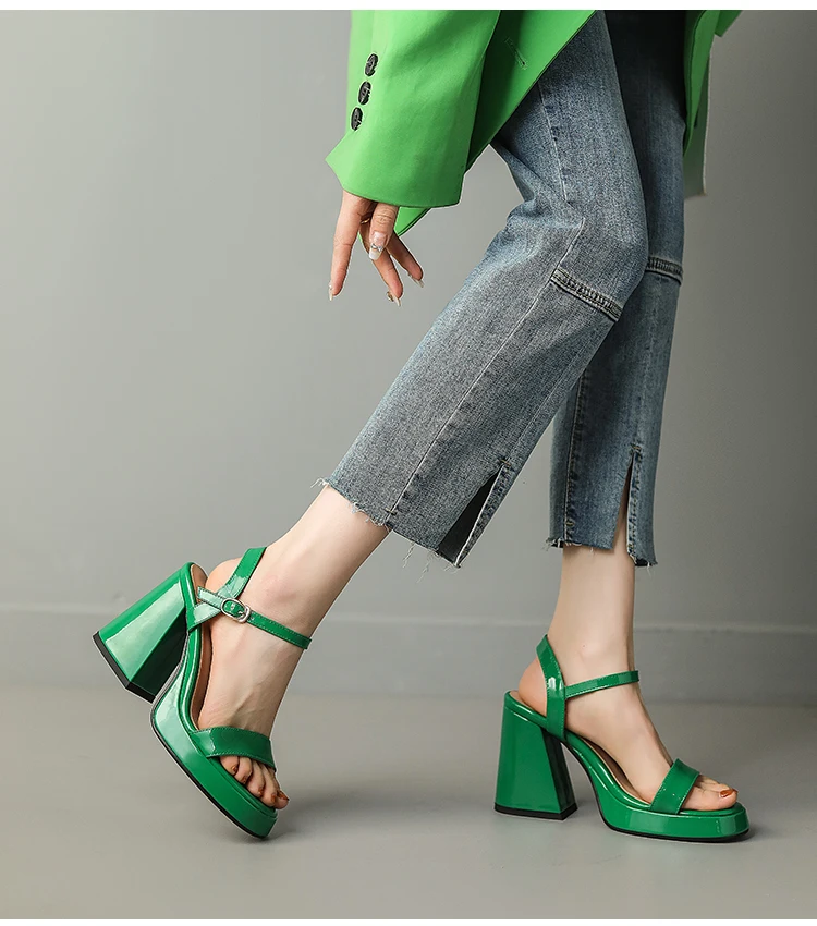 Bright Green Yellow Open Toe Patent Leather Classic 2023 Summer New Women Shoes Dress Pumps Chunky High Heels Fashion Sandals