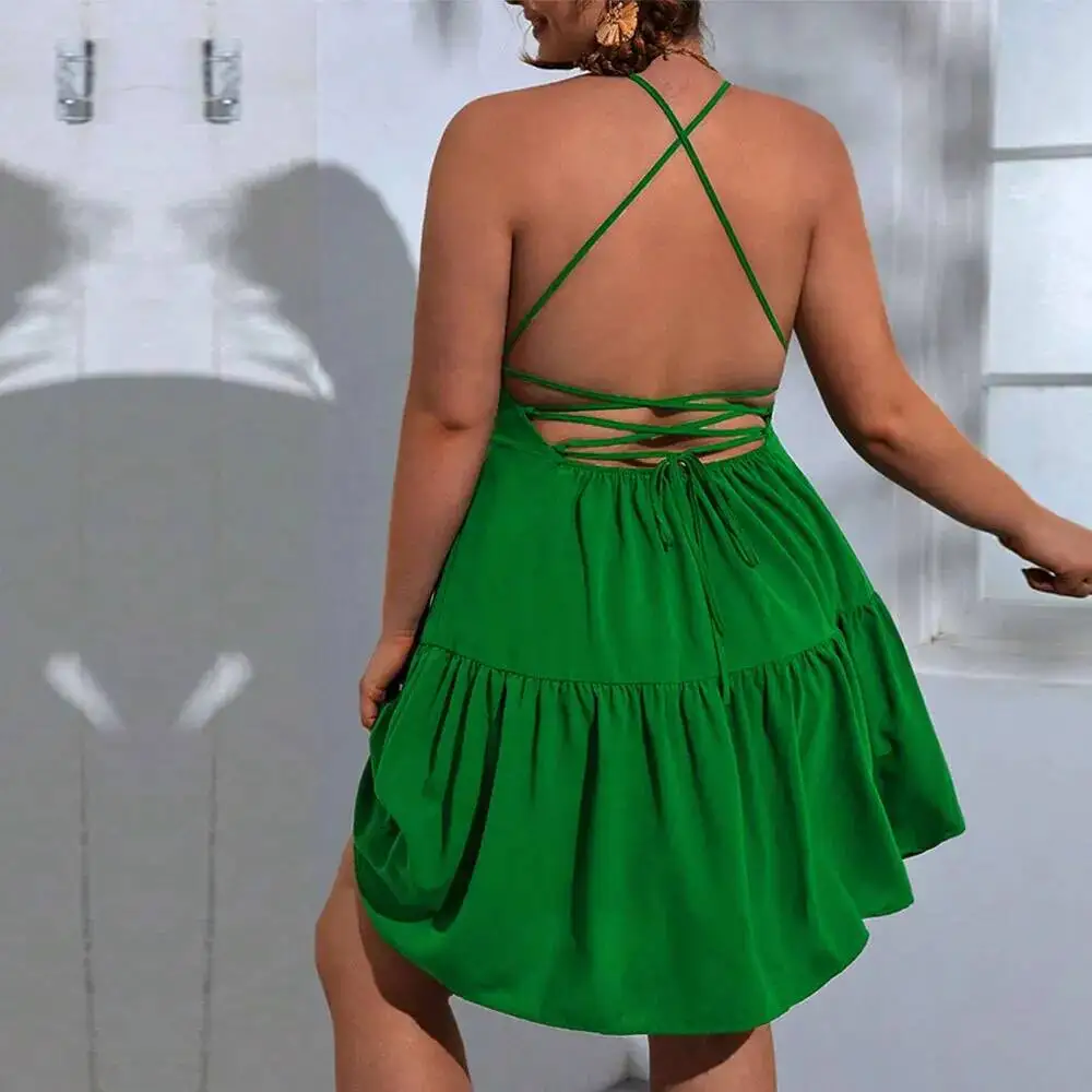 

2025 Women's Large Size New Collection, Waist Cinching, Big Swing, Sexy Backless Camisole, Vacation Cake Dress Casual Y2k