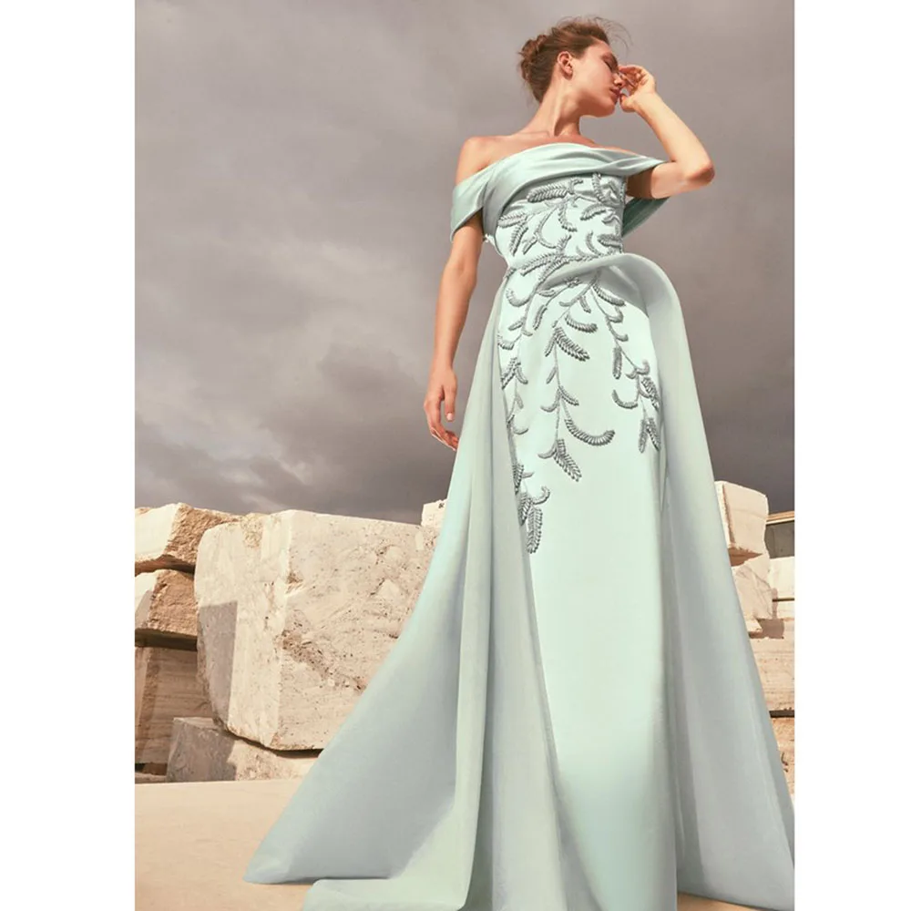 High-end Light Green Women Prom Dresses Strapless Floor Length A-line Short Sleeves Beading Princess Evening Party Gowns