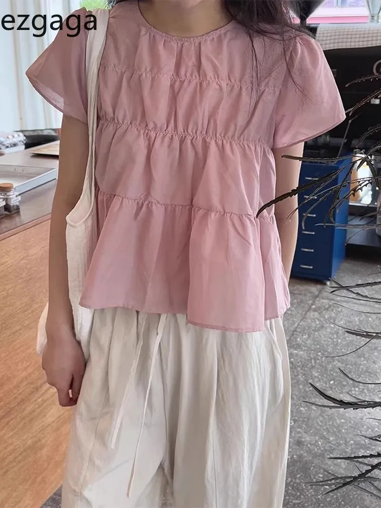 

Ezgaga Blouse Women Sweet Patchwork Ruched Summer Fashion French Style Chic Loose Flying Sleeve Tops Ladies Casual Shirts