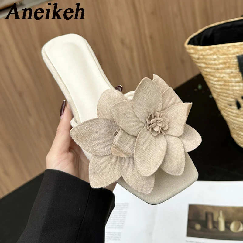 Aneikeh Summer Fashion Faux Suede Flower Square Headed Flat Heels for Women Slippers Flat Bottom Sandals Beach Slides Zapatos