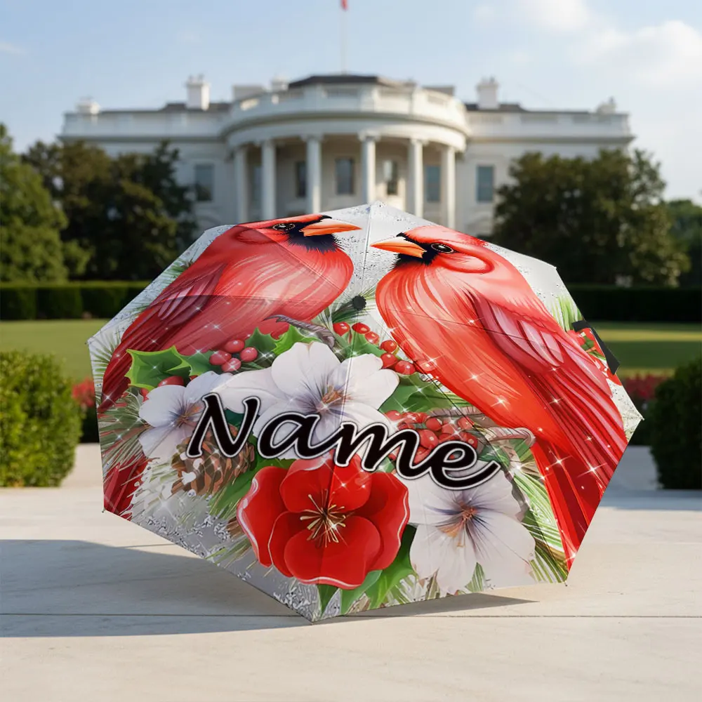 Custom Name umbrella, Festive Cardinals Floral Umbrella,Fashion Folding Umbrella for Sunny and Rainy Days, Christmas Gift
