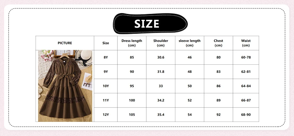 Braunes, strukturiertes Kleid für Teenager-Mädchen, volle Spitzenärmel, Spitzenbesatz am Saum, Gürtel, Swing-Kleid mit langen Ärmeln, lässiges Frühlingsoutfit – Detail 1