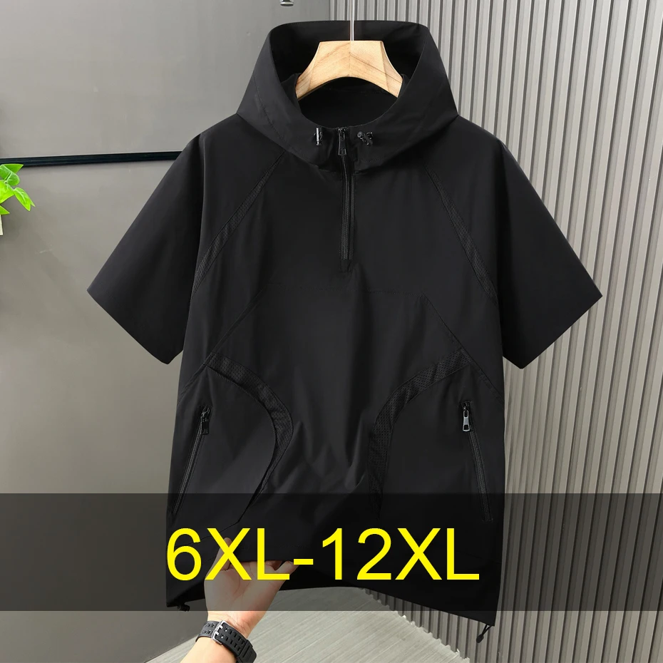 

Summer Short Sleeve Jackets Men 12XL 10XL Plus Size Hooded Jacket Patchwork Half Zipper Jackets Male Big Size 10XL 12XL