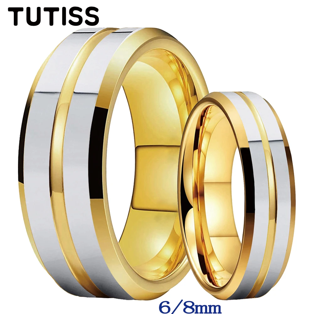 TUTISS 6mm 8mm Nice Couple Ring Men Women Shiny Tungsten Wedding Band Center Groove Beveled Edges