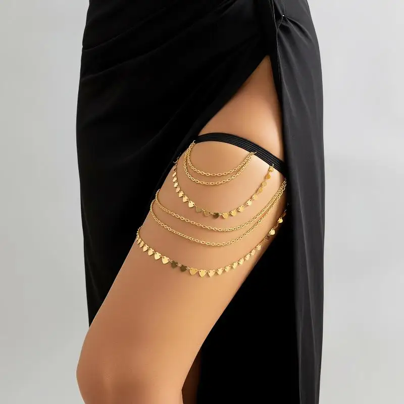 Rose Gold Multilayer Thigh Chain for Women Cute Heart Tassel Pendant Body Jewelry for Bikini Beach Photoshoot Wear