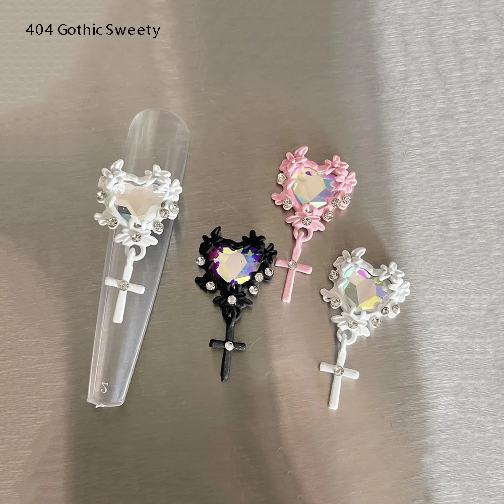 -Gothic Sweety- Chic Nail Adorn Embellishments Jewelry AB Hearts Gems Dangle Cross Charms Alloy Nubuck Metallic Glamours 404art