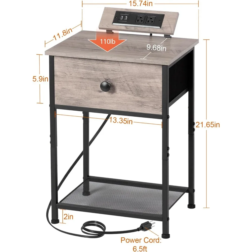 Nightstand ชุด2ชิ้นพร้อมที่ชาร์จ, โต๊ะเล็กพร้อมพอร์ต USB และเต้ารับ, nightstand