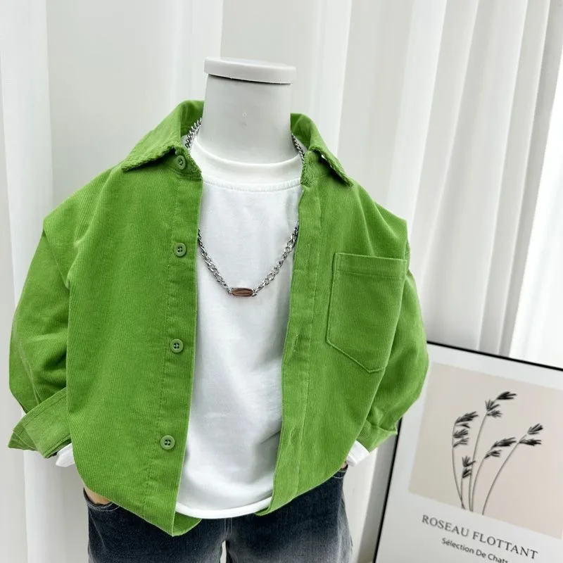 2025 New Boys' Avocado Green Open Front Shirt Lightweight Long Sleeve Jacket for Spring Fall Stylish Kids' Outerwear