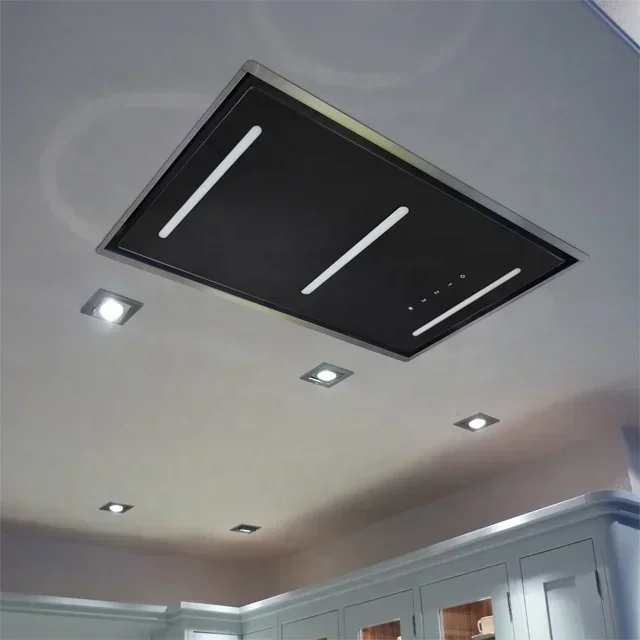 

LED Glass Ceiling Kitchen Cooker Hood Modern LED Light Design Extractor Hood For Kitchen Cooking Range Hobs