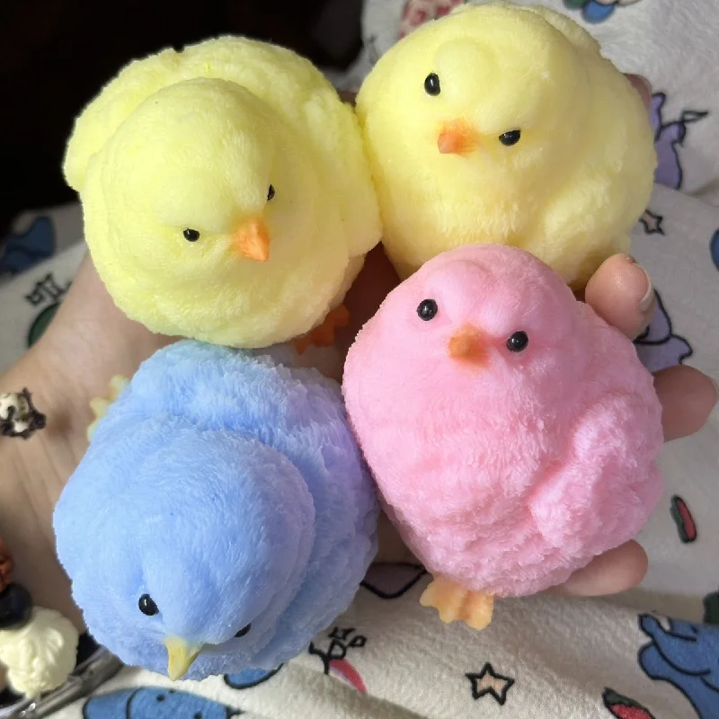 Fluffy Chicken Kawaii Handmade Silicone Soft Flocked White Yellow Soft Chicken Adult Gift Toy Cute TPR Small Chick Squishy toy