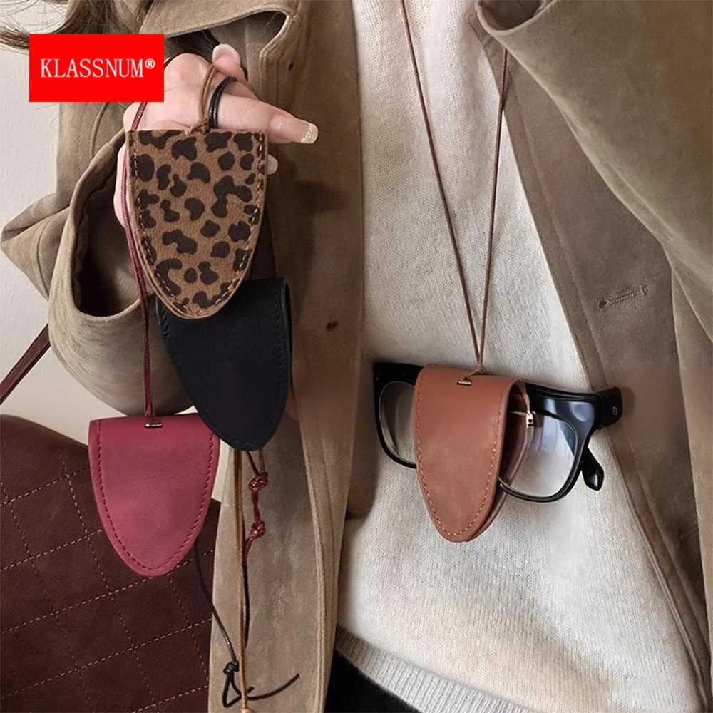 KLASSNUM Neck Glasses Case Women  2025 Fashion Sweater Accessories Reading Glasses Neck Strap Magnetic Pu Leather Glasses Bag