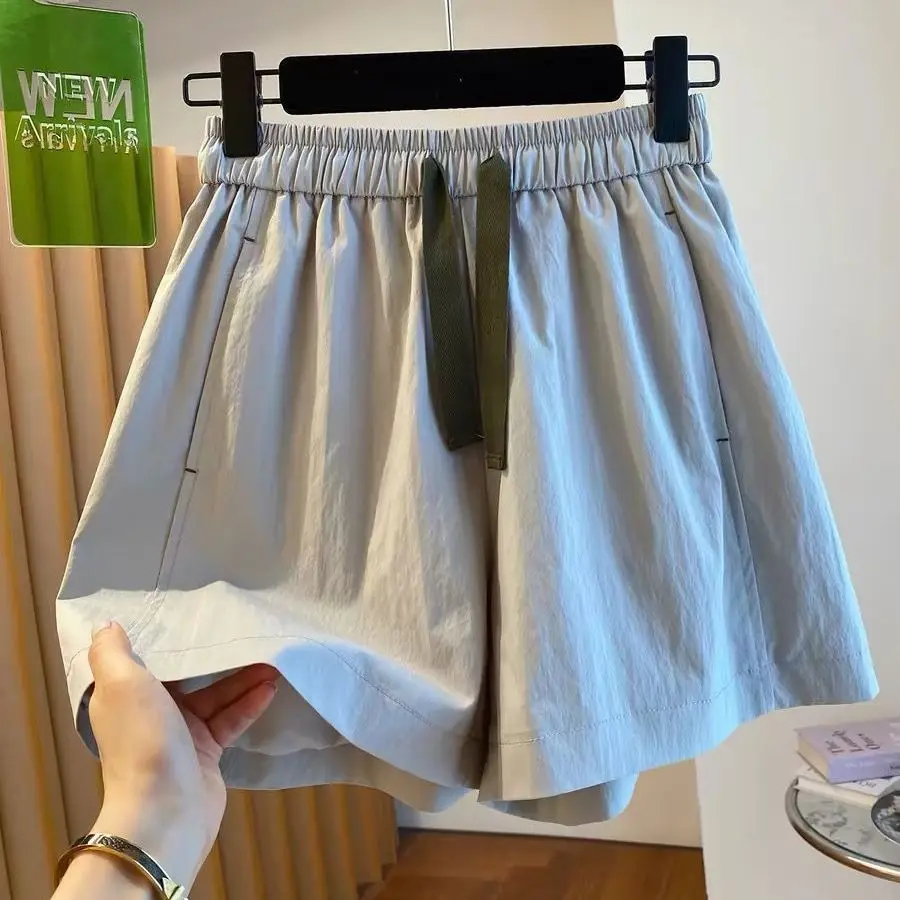 Summer Loose Fit Drawstring Shorts Men's Thin Wide Leg Pants Pure Color Block Hong Kong Style Casual Comfortable Lightweight