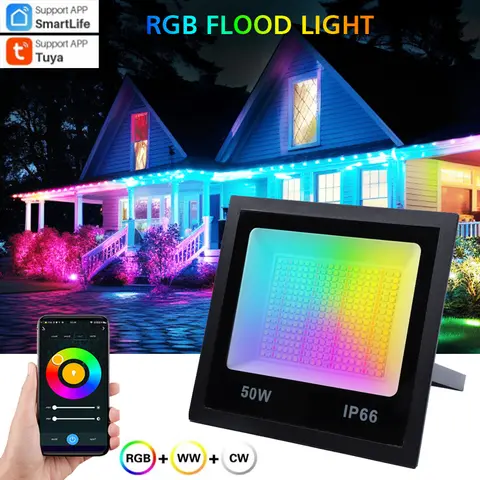 RGBCW Luz de inundación LED inteligente 50W, 500W Luz de paisaje LED que cambia de color al aire libre equivalente, 16 millones de colores, sincronización y sincronización de música