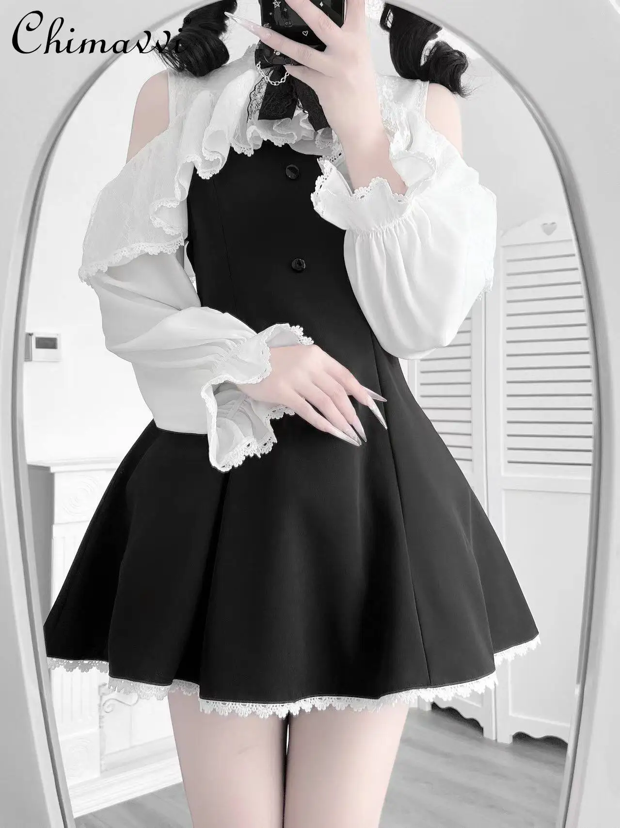 

Original Mass Production Frenchlace Lace Off-shoulder Dress Sweet Girl Long Sleeve Silm Elegant Lolita Black and White Dress