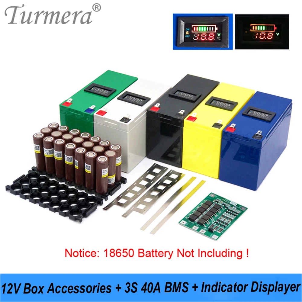 Turmera 12V Battery Box 3x7 18650 Holder 3S 40A BMS with Voltage & Capacity Display for 12V Lead-Acid Batteries UPS Replace Use