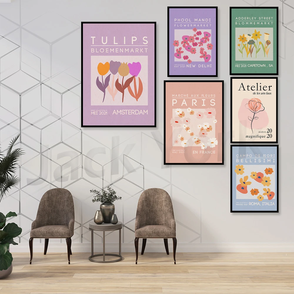 Diseño gráfico imprimible del mercado de flores de Ámsterdam, arte de pared con tulipanes de Ámsterdam, decoración de habitación moderna en morado y lila