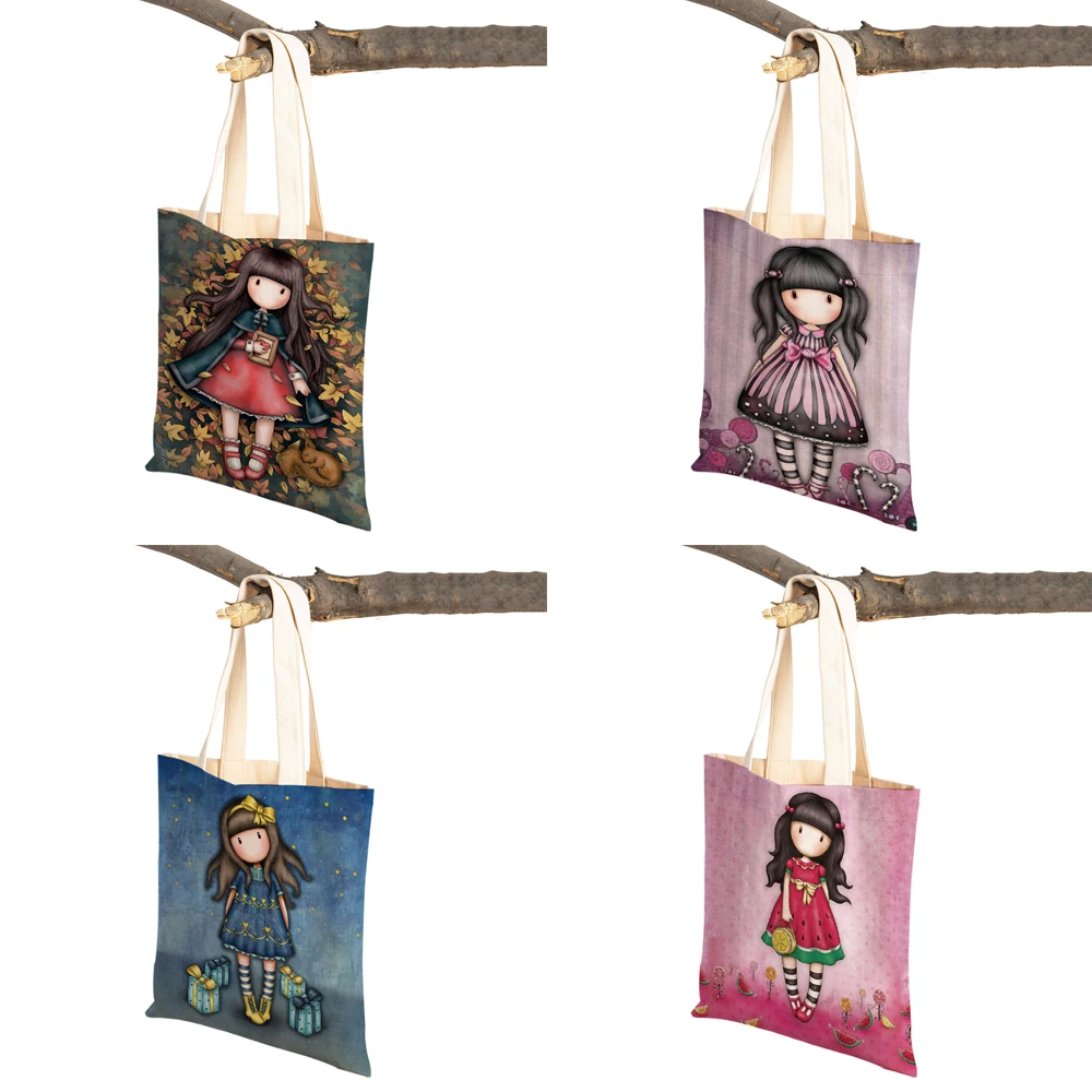 Both Sided Fashion Cartoon Little Girl Women Shopping Shoulder Bag Reusable Canvas Children Cute Tote Travel Handbag for Lady