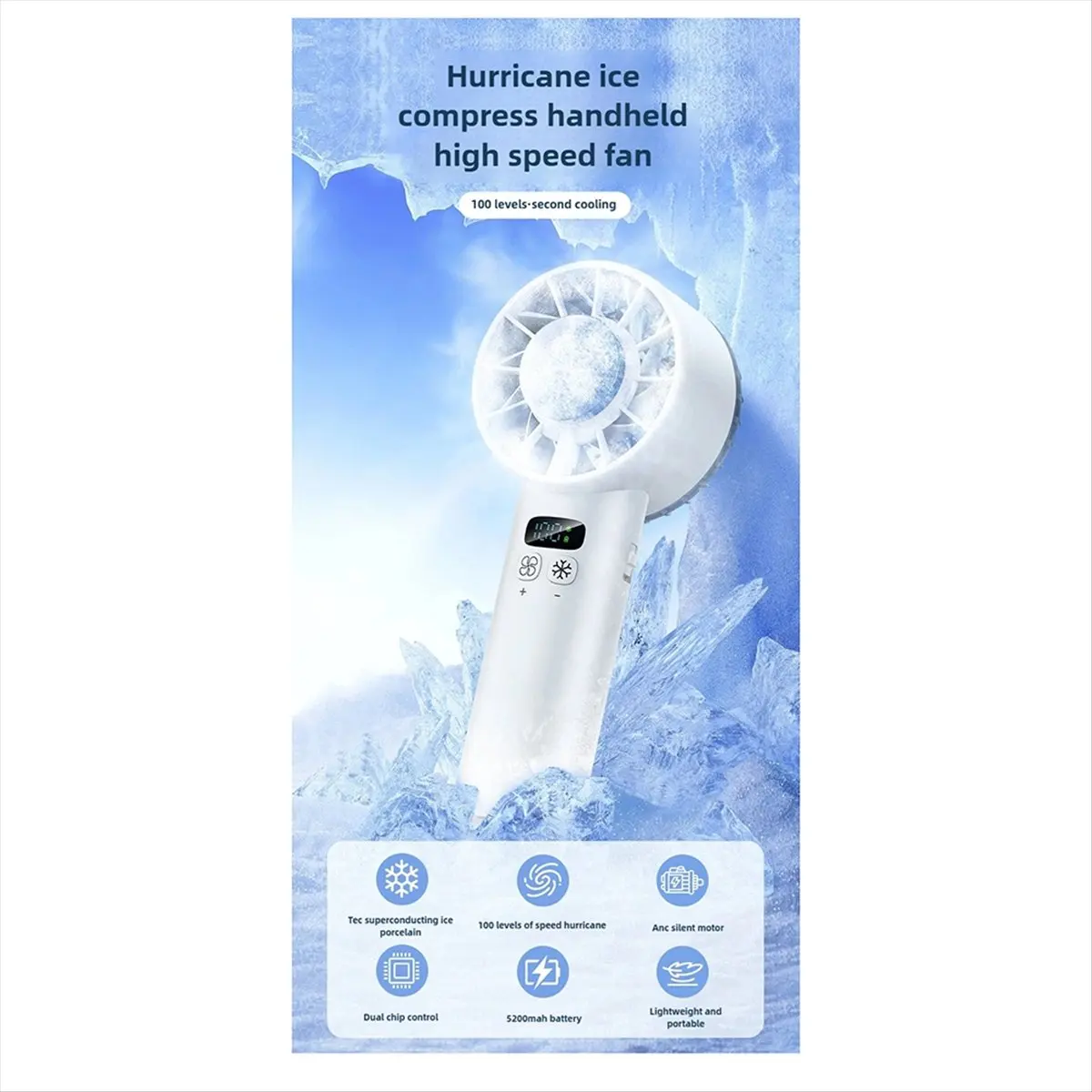 DT56 Ice Compress High-Speed Cooling Fan Handheld Fans USB Rechargeable Portable Fan LED Digital Display Travel Outdoor A